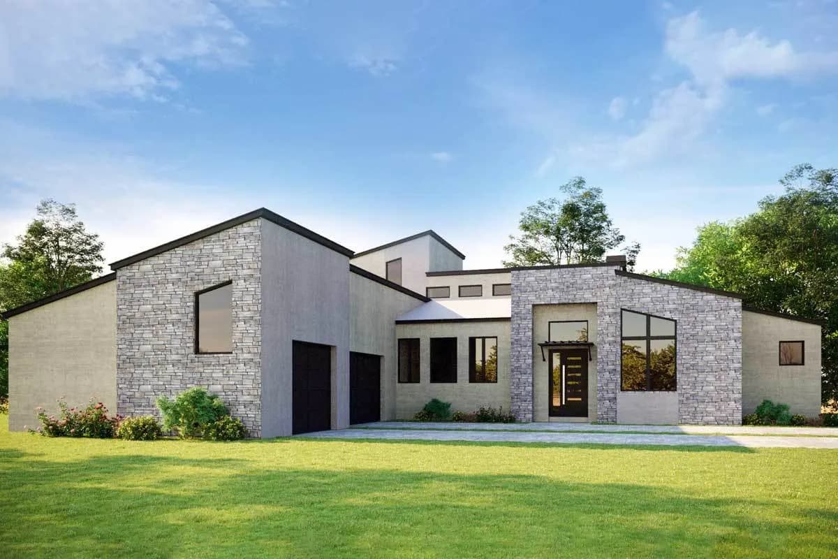 Modern Hill Country House Plan with Open Air Upstairs Balcony, photo 2 of 4