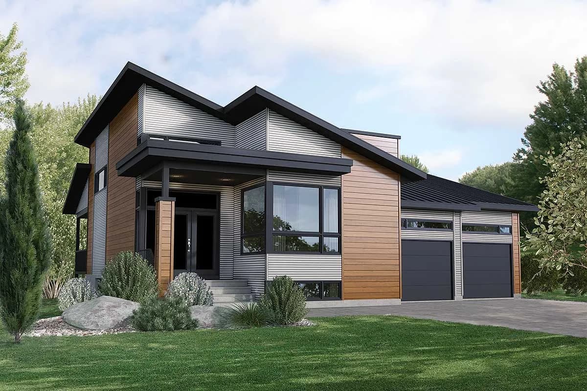 Exterior of Modern 3-Bed House Plan with 2-Car Garage
