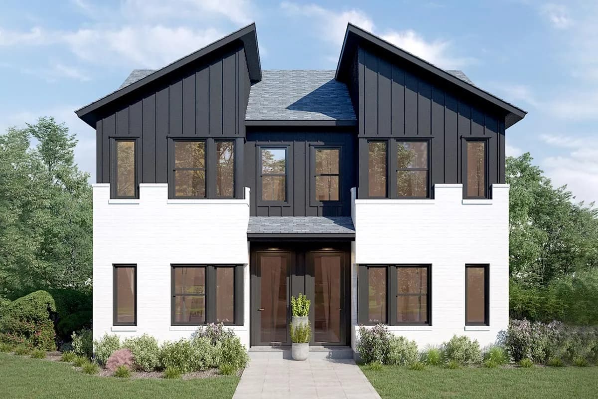 Modern Duplex House Plan with 950 Square Foot Units with Roommate-Style Upstairs Layout, photo 2 of 2