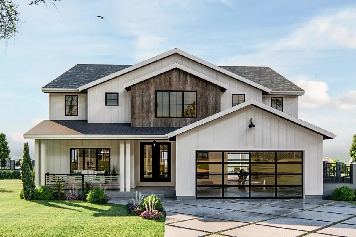 New American House Plan with Exposed Beamed Entryway, photo 1 of 4